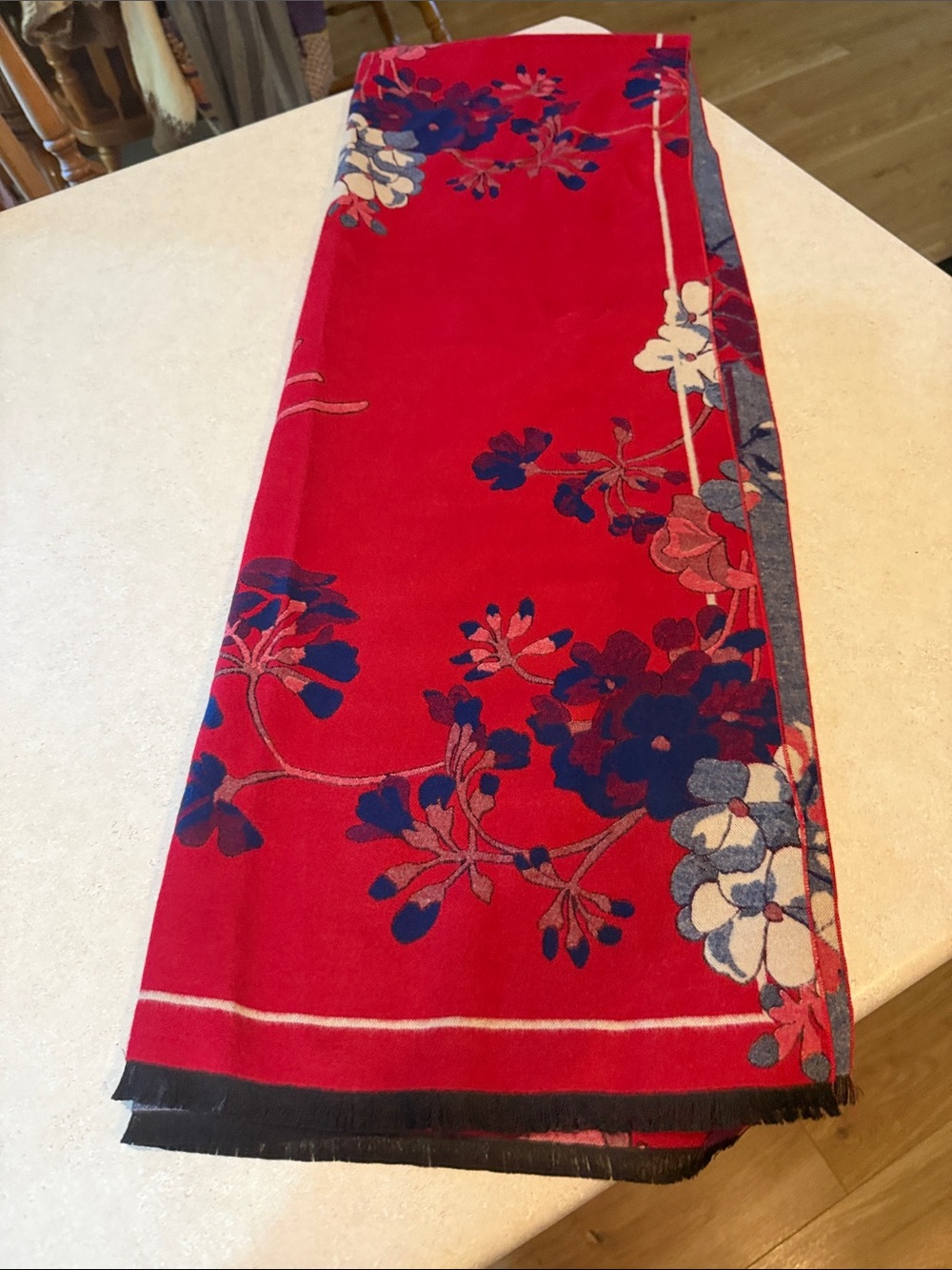 Saachi reverse garden floral scarf featuring a reversible denim design